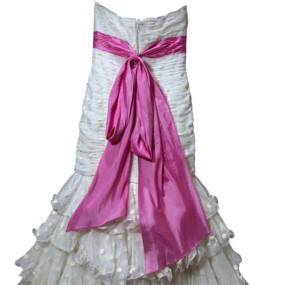 Sherri Hill Strapless Mermaid Gown Polka Dot Tulle Tiered Dress Pink Sash 8 - Picture 12 of 13